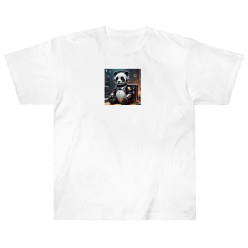 音楽聴いているロボットパンダ ヘビーウェイトTシャツ