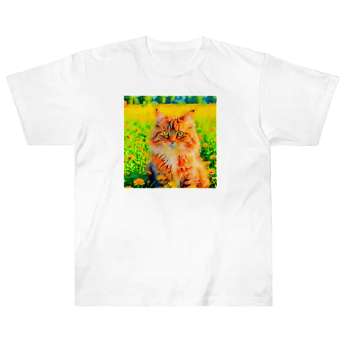 猫の水彩画/花畑のサイベリアンねこのイラスト/キジトラネコ Heavyweight T-Shirt