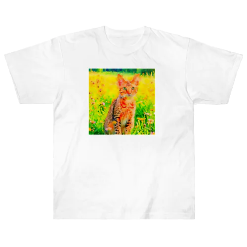 猫の水彩画/花畑のオシキャットねこのイラスト/キジトラネコ ヘビーウェイトTシャツ