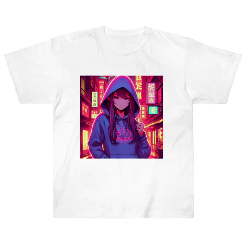 ネオンが光る街に立つ女の子2 Heavyweight T-Shirt