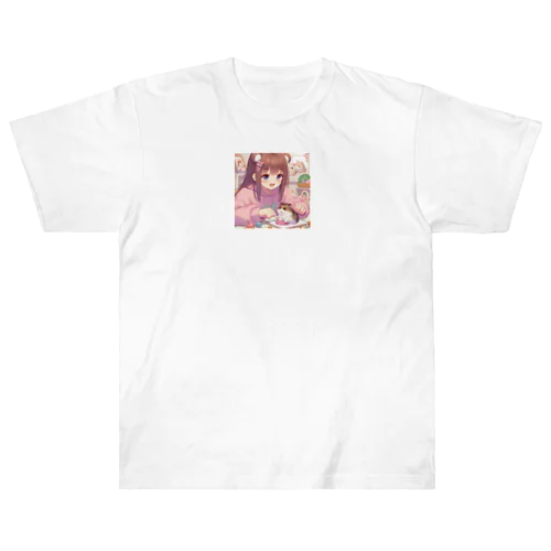 ハムスターを可愛がる女の子 ヘビーウェイトTシャツ