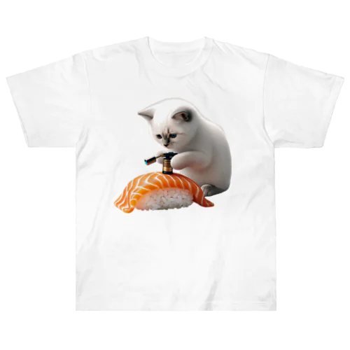 【炙りサーモン】寿司職人猫🐱 ヘビーウェイトTシャツ