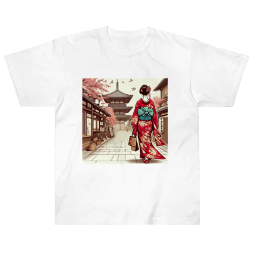 京都を歩く着物美人イラスト Heavyweight T-Shirt