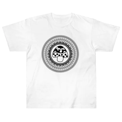 曼荼羅きのこ（黒線） ヘビーウェイトTシャツ