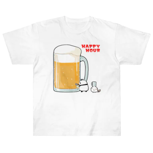 ハッピーアワーでビール祭りを開催するパンダとシマエナガ ヘビーウェイトTシャツ