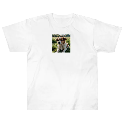 草むらで斜めを見つめる犬 dog looking for the anywhere ヘビーウェイトTシャツ