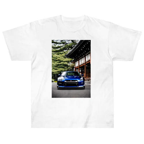 青いスポーツカーと日本の風景 ヘビーウェイトTシャツ