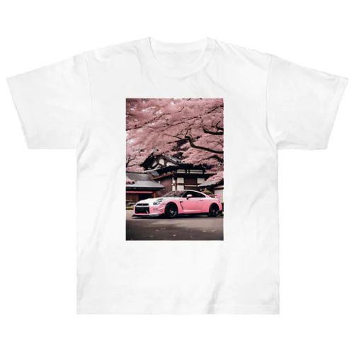 ピンクのスポーツカーと日本の風景 Heavyweight T-Shirt