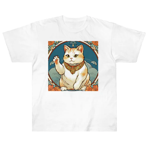 夜のミュシャ風招き猫 ヘビーウェイトTシャツ