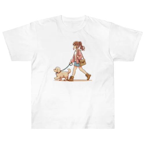 かわいい犬と散歩をする女性 Heavyweight T-Shirt