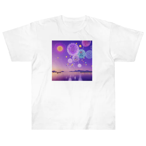 夕暮れの湖と幻想的な花火 ヘビーウェイトTシャツ