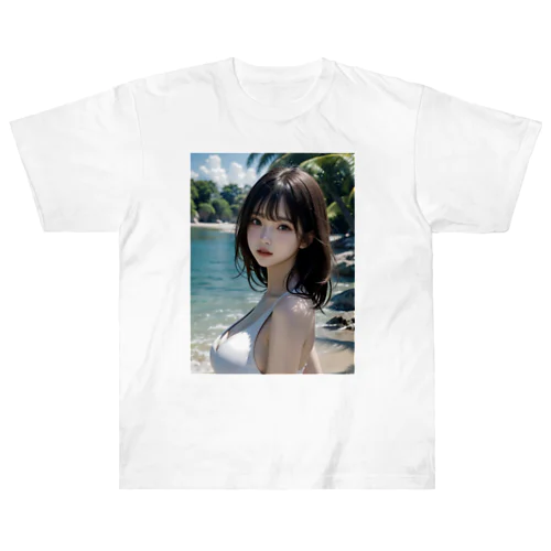 AI美少女　白い砂浜にて ヘビーウェイトTシャツ