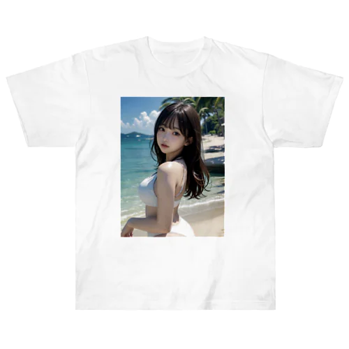 AI美女　白い砂浜　白いビキニ ヘビーウェイトTシャツ