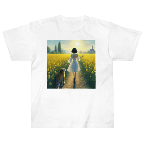 菜の花畑の少女と小虎 ヘビーウェイトTシャツ