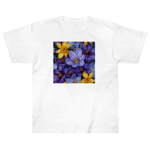 紫色のクロッカスの花　黄色のダッフォディルの花　イラスト Heavyweight T-Shirt