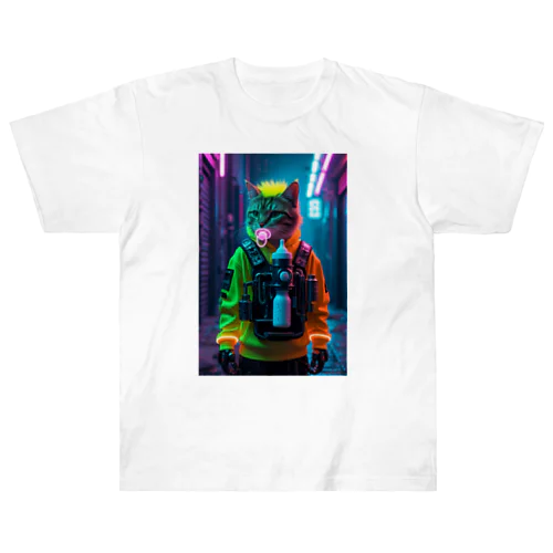 ネオンパーカーのトレンディ猫｜Trendy Cyber Cat with Neon Hoodie & Mech Bottle Heavyweight T-Shirt
