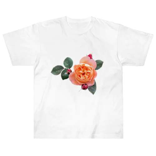 【ロマン】蕾と葉のついたオレンジピンクの薔薇 ヘビーウェイトTシャツ