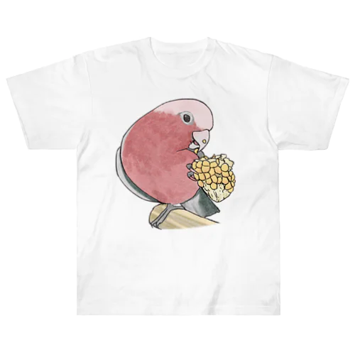 モモイロインコちゃんとトウモロコシ【まめるりはことり】 ヘビーウェイトTシャツ