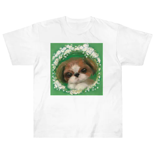 かわいいシーズー 犬と雪柳のフラワーリース Heavyweight T-Shirt