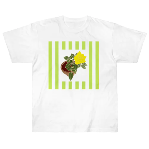 ミニバラ（黄）ストライプ柄　Miniature Yellow Rose in green stripes ヘビーウェイトTシャツ