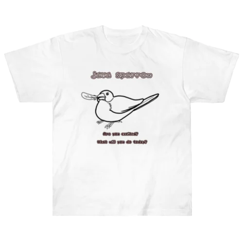 羽根くわえ文鳥 線画 ヘビーウェイトTシャツ