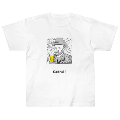 名画 × BEER（ゴッホ自画像）黒線画 Heavyweight T-Shirt