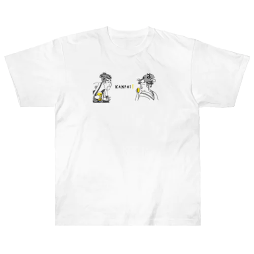 名画 × BEER（浮世絵男女）黒線画 ヘビーウェイトTシャツ