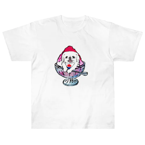 かき氷ワンちゃん　氷イチゴ　ペキニーズ　ホワイト ヘビーウェイトTシャツ