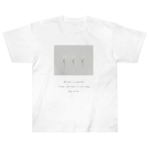 greige × three white flower × logo message ヘビーウェイトTシャツ