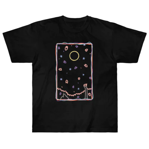 夜桜と散歩猫 Heavyweight T-Shirt