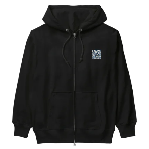 お花のバティック柄 ブルー Heavyweight Zip Hoodie