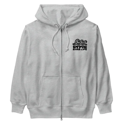 カワアソビ リバーライフ 波デザイン カヌー カヤック 釣り ブラック Heavyweight Zip Hoodie