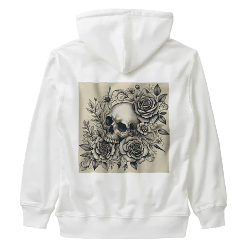 モノクロ 花とスカル Heavyweight Zip Hoodie