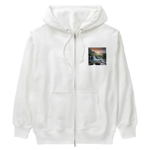 夜明けの滝と山々の美しい自然風景 Heavyweight Zip Hoodie