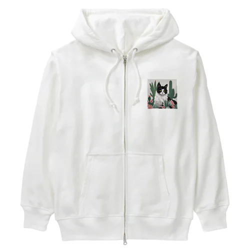 ハチワレ白黒猫とサボテン Heavyweight Zip Hoodie