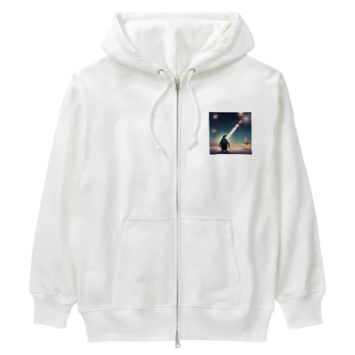 ロケット花火を見上げているペンギン Heavyweight Zip Hoodie