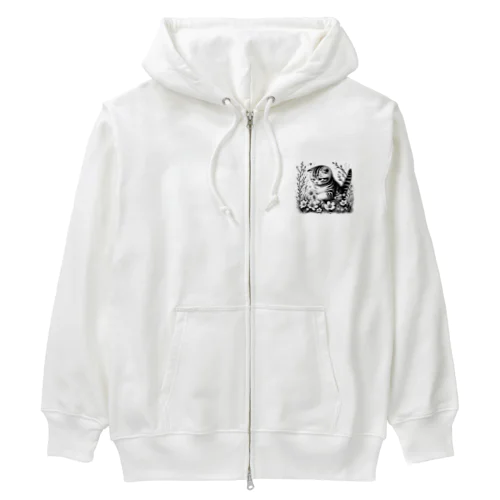 春の子猫のスコティッシュフォールド Heavyweight Zip Hoodie