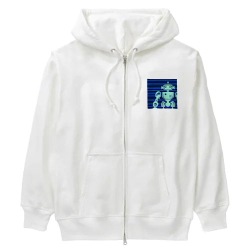 青いボーダー地と水色のレト口なロボットのシルエット Heavyweight Zip Hoodie