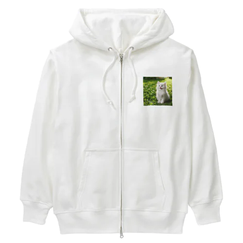 笑ってる可愛い白い猫 Heavyweight Zip Hoodie