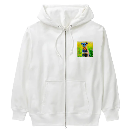 水彩画の犬 花畑のシュナウザーのイラスト Heavyweight Zip Hoodie