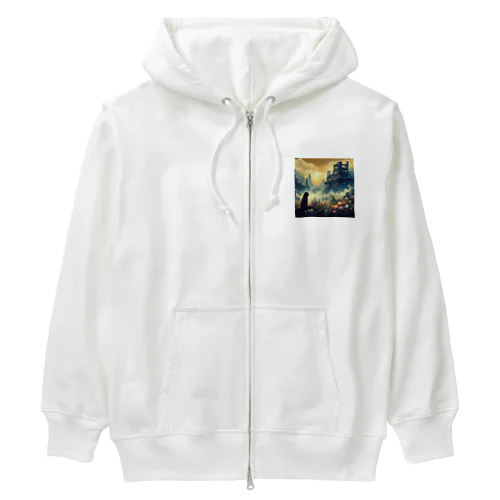 古代遺跡と花畑の中の虎 Heavyweight Zip Hoodie