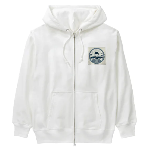 Minimalist Traditional Japanese Motif Featuring Mount Fuji and Seigaiha Patterns Heavyweight Zip Hoodie