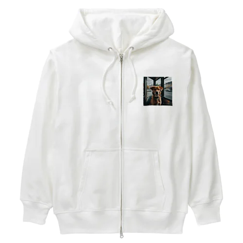 バスの中で座る犬 dog sitting on the bus Heavyweight Zip Hoodie