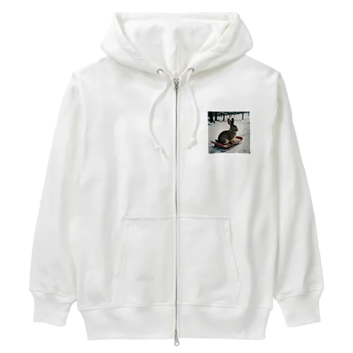 そりで滑っているウサギ Heavyweight Zip Hoodie