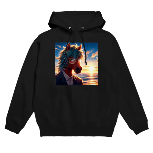 弁護士の馬、夕焼けの浜辺で自撮りする Hoodie