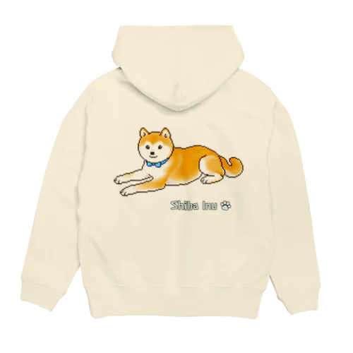 水色の首輪をつけてゆったり座る柴犬のドット絵 Hoodie