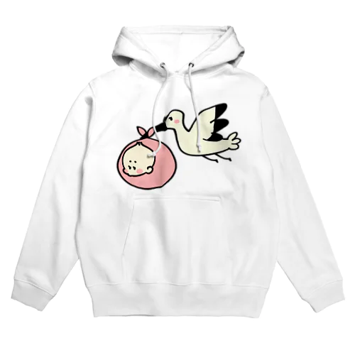 ベビーを運ぶコウノトリのイラスト Hoodie