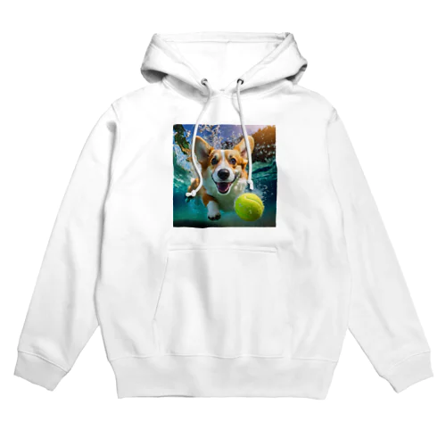 水中でテニスボールを追いかけるコーギー Hoodie