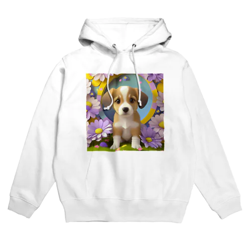 陽気な子犬と春の花々 Hoodie