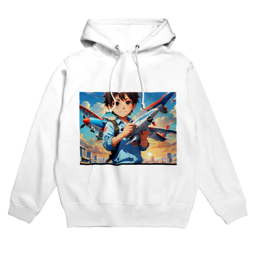 空を駆けるかっこいい飛行機模型を手にした子供 Hoodie